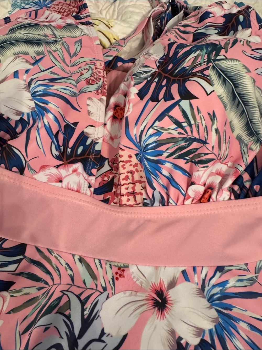 Pink Tropical Floral One-Piece Swimsuit with Supportive Band and V-Neck